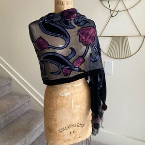 Mitchie’s Velvet Devore Floral Shawl w/ Rabbit Fur Trim — Made in Canada